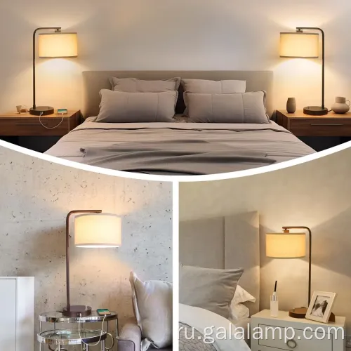 Современная USB -зарядка прикроватная лампа с льняным оттенком